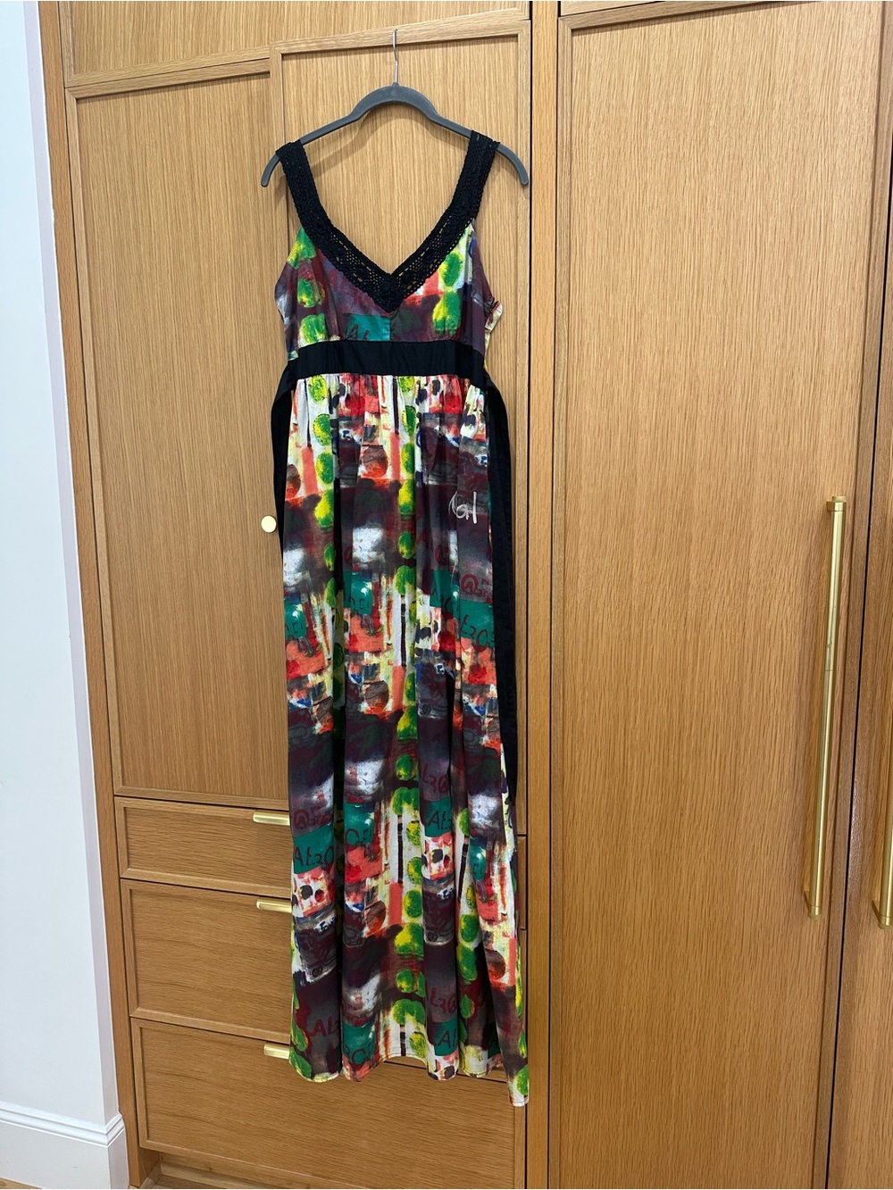 Desigual V-Neck Maxi Dress with Black Crochet Detail & Bow, Size EU 40